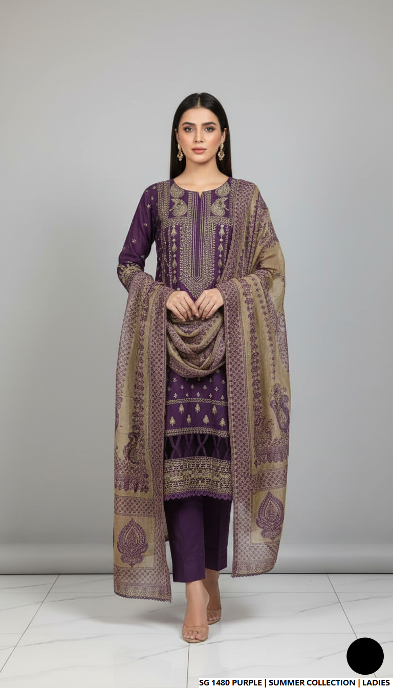 Lawn A-Line shirt purple - Pakistani women's casual summer outfit with cotton trouser and lawn dupatta front view