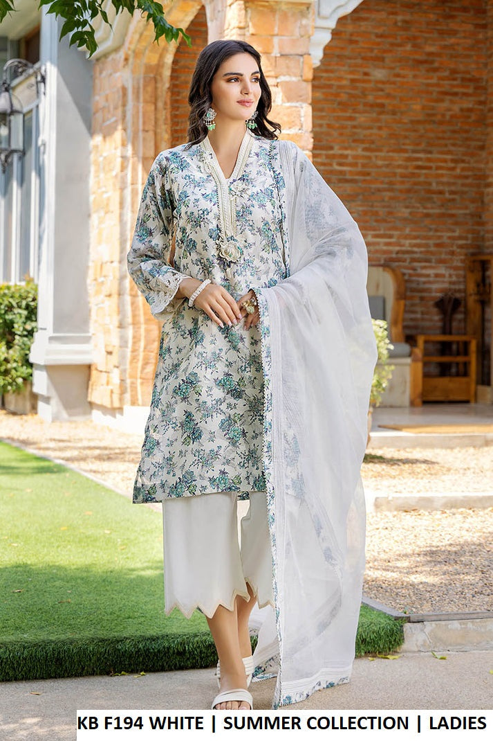 KB F194 WHITE - White Brochette Straight 3-Piece Women's Pakistani Suit