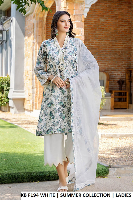 KB F194 WHITE - White Brochette Straight 3-Piece Women's Pakistani Suit