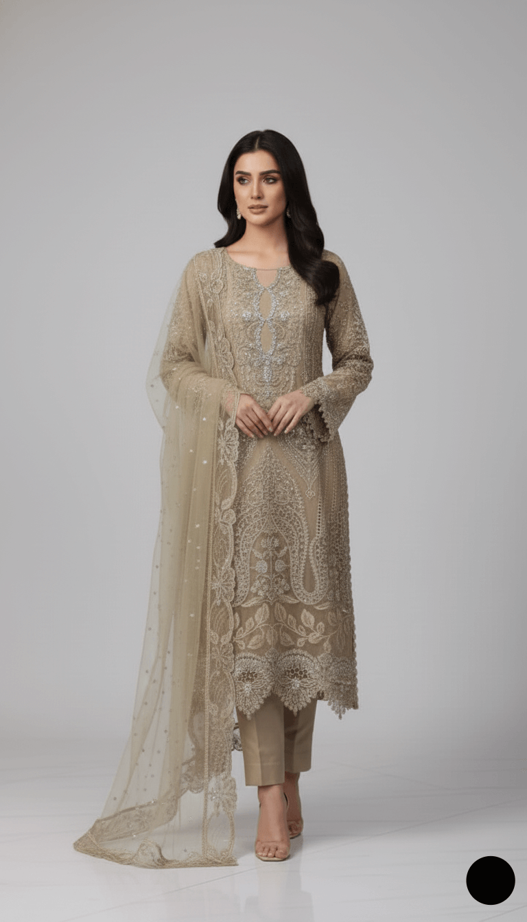 Chiffon straight shirt plazo - Pakistani women's party wear with grip plazo and organza dupatta front view