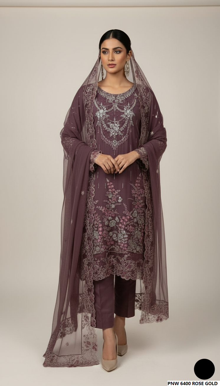 Chiffon straight shirt plazo rose gold - Pakistani women's party wear with viscose plazo and chiffon dupatta front view
