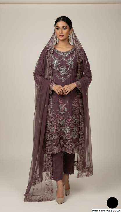 Chiffon straight shirt plazo rose gold - Pakistani women's party wear with viscose plazo and chiffon dupatta front view