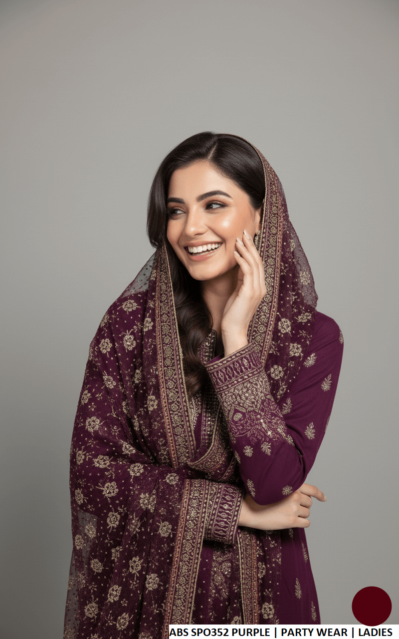 Purple chiffon Pakistani women's straight shirt with jamawar gharara side view