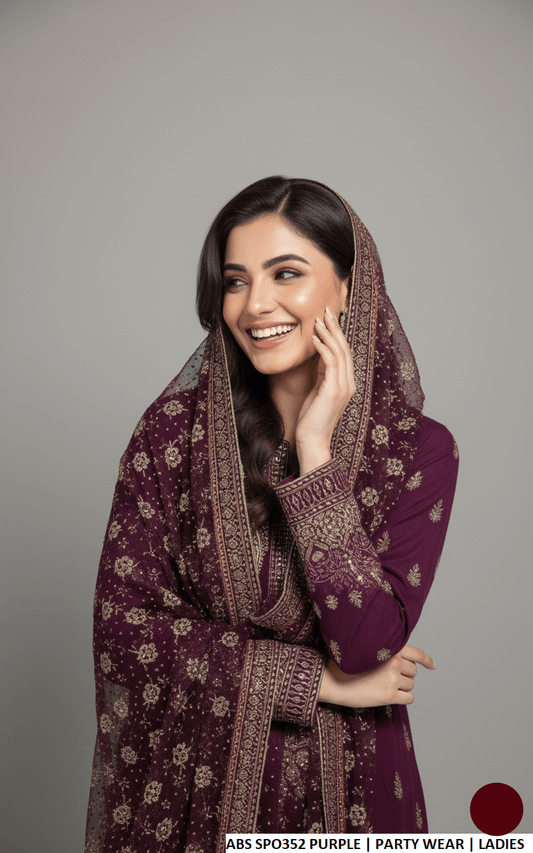 Purple chiffon Pakistani women's straight shirt with jamawar gharara side view