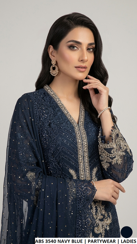 ABS 3540 NAVY BLUE - Navy Blue Chiffon A-Line 3-Piece Women's Pakistani Suit