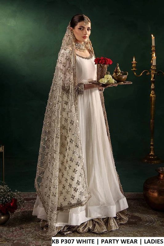 Crinkle chiffon long frock white - Pakistani women's luxury formal wear with silk trouser and net dupatta front view