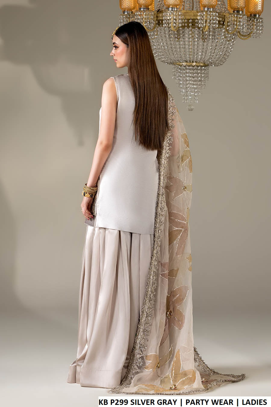Pakistani women's silver grey gloss silk short shirt sharara back view