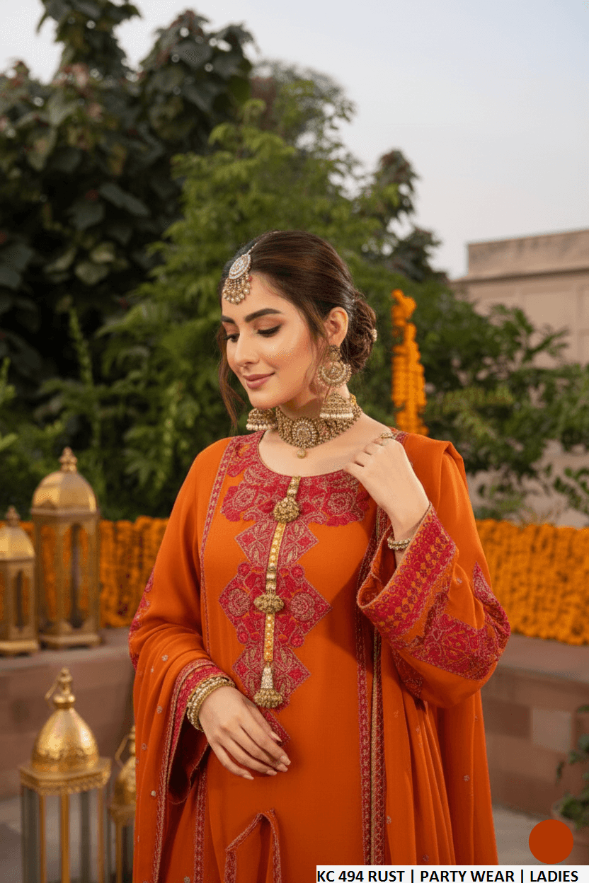 Pakistani women's rust silk long A-Line shirt plazo back view