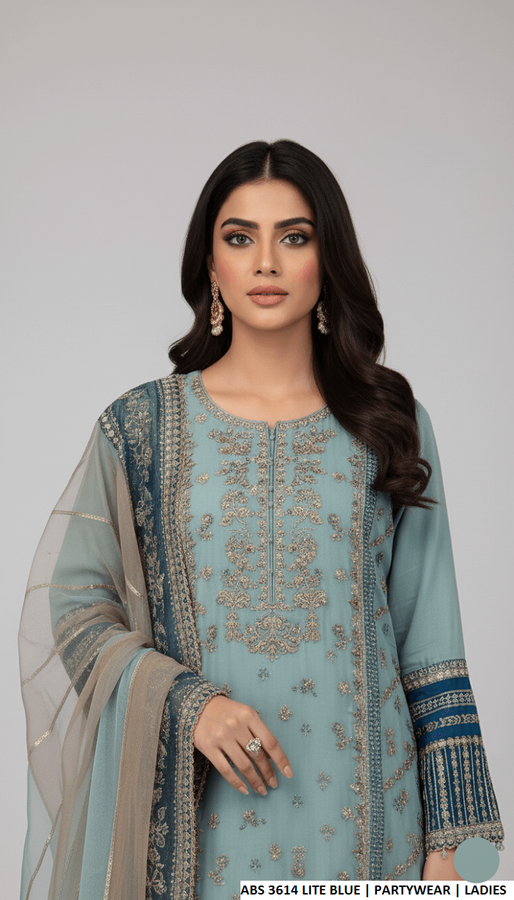 Pakistani women's light blue chiffon straight shirt back view