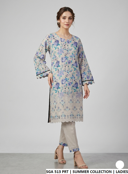 Lawn A-Line printed shirt - Pakistani women's casual summer outfit with cotton trouser front view