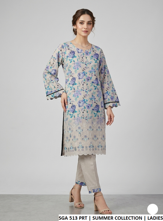 Lawn A-Line printed shirt - Pakistani women's casual summer outfit with cotton trouser front view
