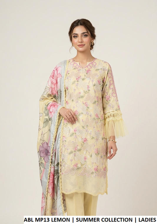 Poly lawn straight shirt plazo lemon yellow - Pakistani women's summer casual outfit with digital printed dupatta front view