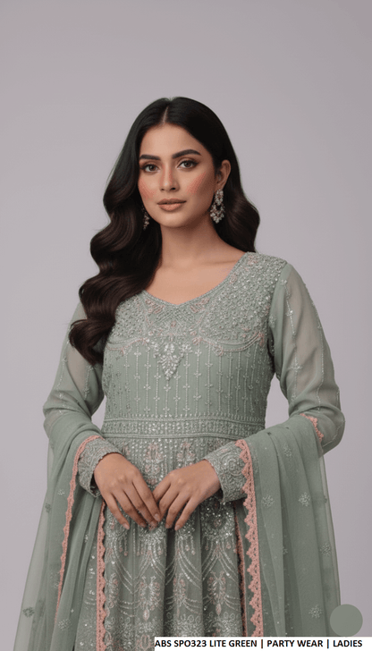 Pakistani women's light green chiffon straight shirt plazo detail view