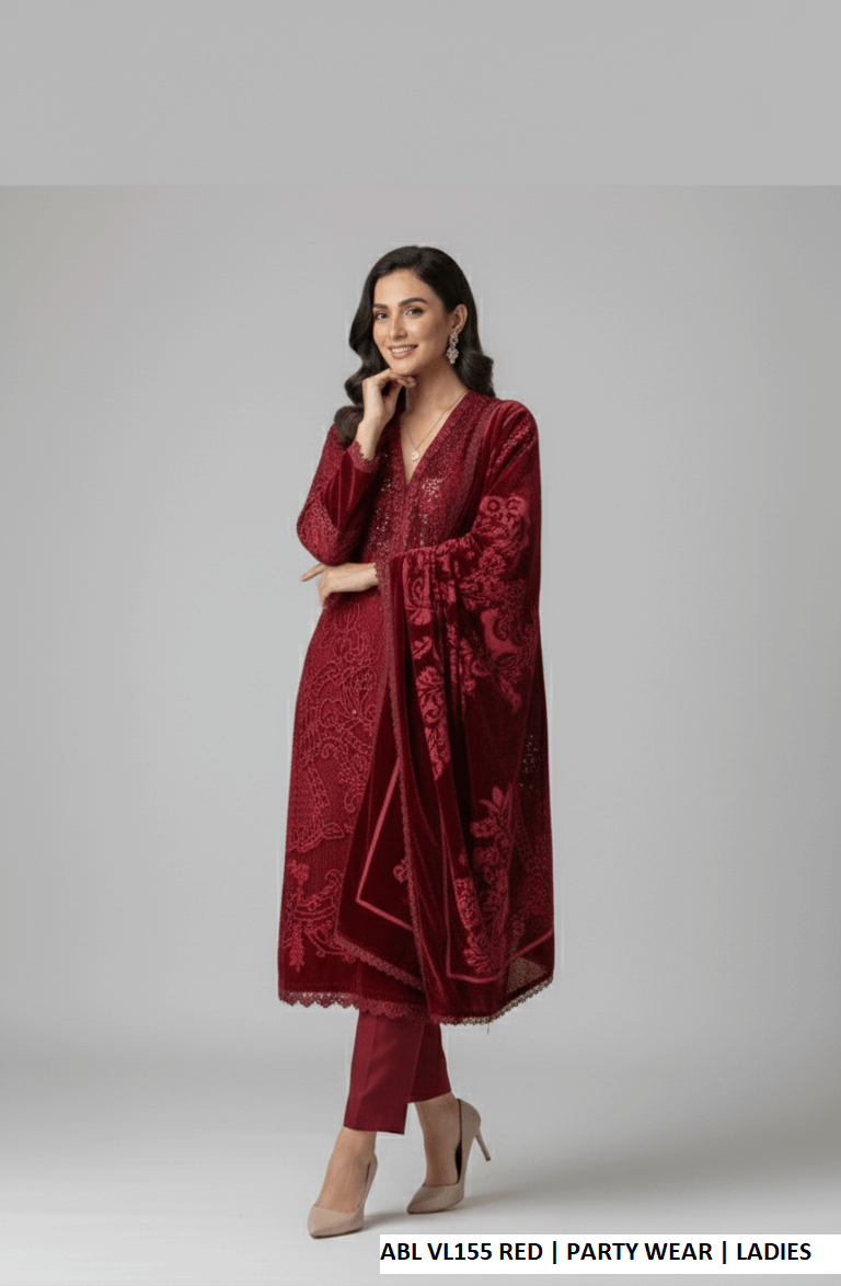 Pakistani women's red velvet straight shirt detail view