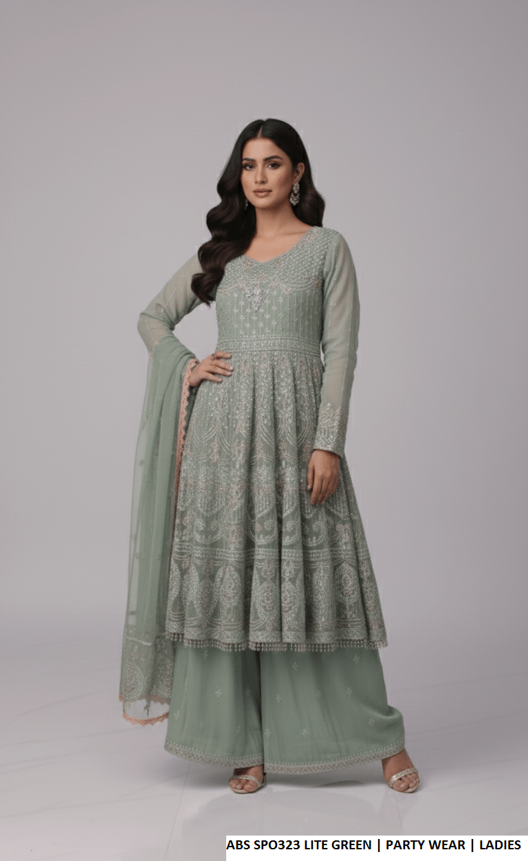 Chiffon straight shirt plazo light green - Pakistani women's party wear with grip plazo and organza dupatta front view