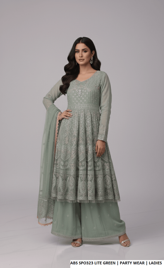Chiffon straight shirt plazo light green - Pakistani women's party wear with grip plazo and organza dupatta front view