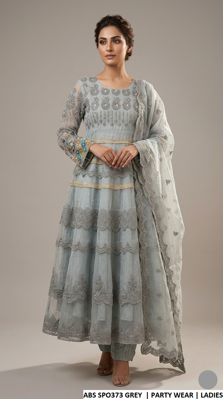 Soft net long frock grey - Pakistani women's luxury formal wear with grip trouser and organza dupatta front view