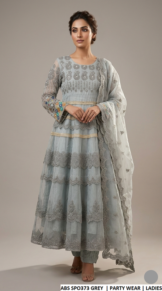 Soft net long frock grey - Pakistani women's luxury formal wear with grip trouser and organza dupatta front view