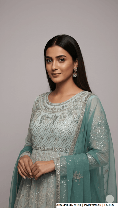 Mint chiffon Pakistani women's straight shirt with plazo side view