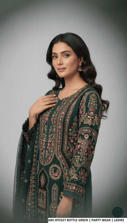 Bottle green chiffon Pakistani women's straight shirt with plazo side view