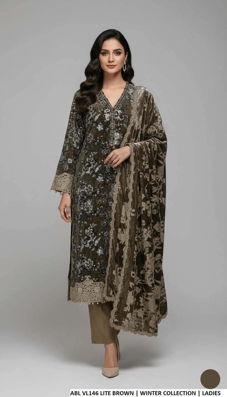 Pakistani women's light brown velvet A-Line shirt back view