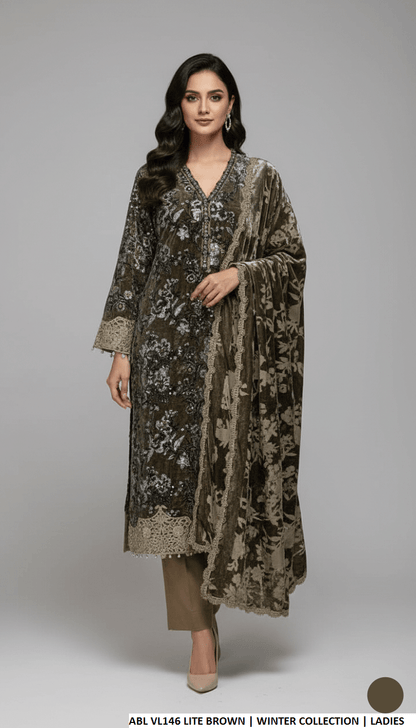 Pakistani women's light brown velvet A-Line shirt back view