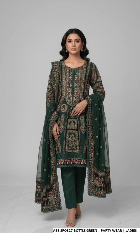 Chiffon straight shirt plazo bottle green - Pakistani women's party wear with grip plazo and organza dupatta front view