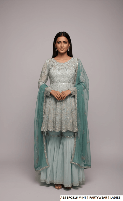 Pakistani women's mint chiffon straight shirt plazo detail view