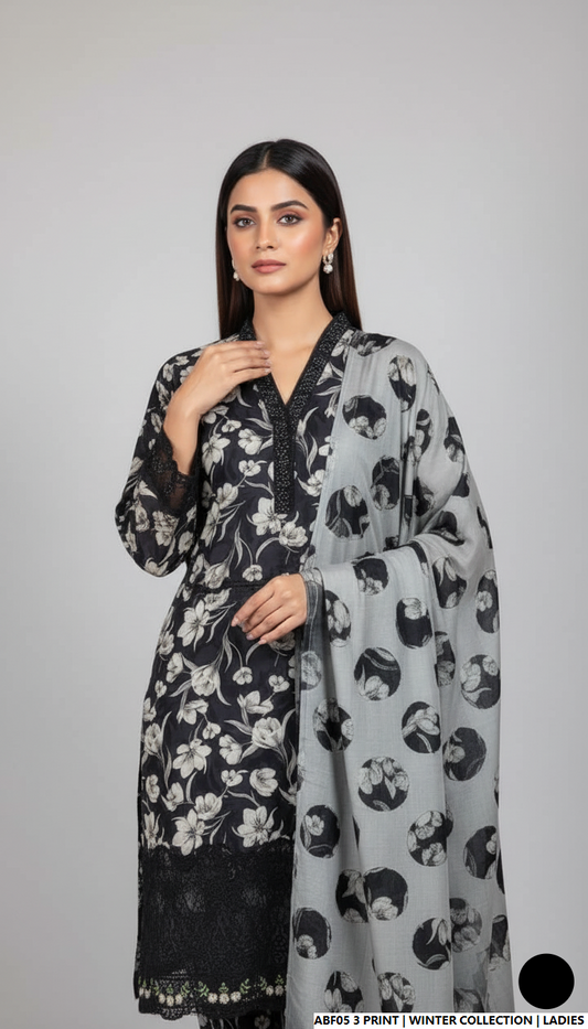 Pakistani women's khaddar printed 2-piece casual winter suit back view