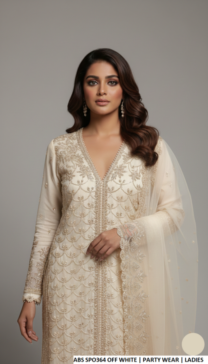 Organza straight shirt plazo off white - Pakistani women's formal party wear with grip plazo and organza dupatta front view