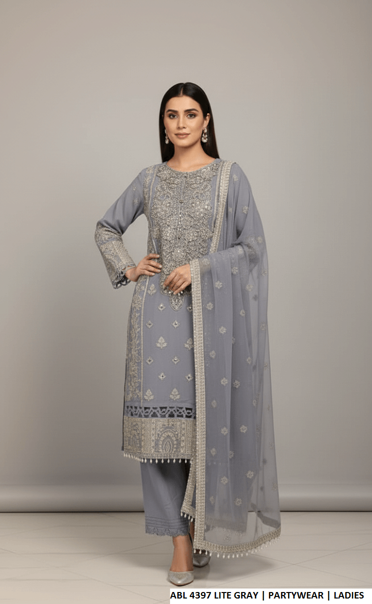 Chiffon straight shirt light grey - Pakistani women's elegant party wear with viscose trouser and chiffon dupatta front view