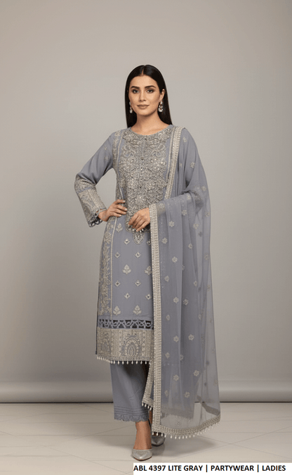 Chiffon straight shirt light grey - Pakistani women's elegant party wear with viscose trouser and chiffon dupatta front view