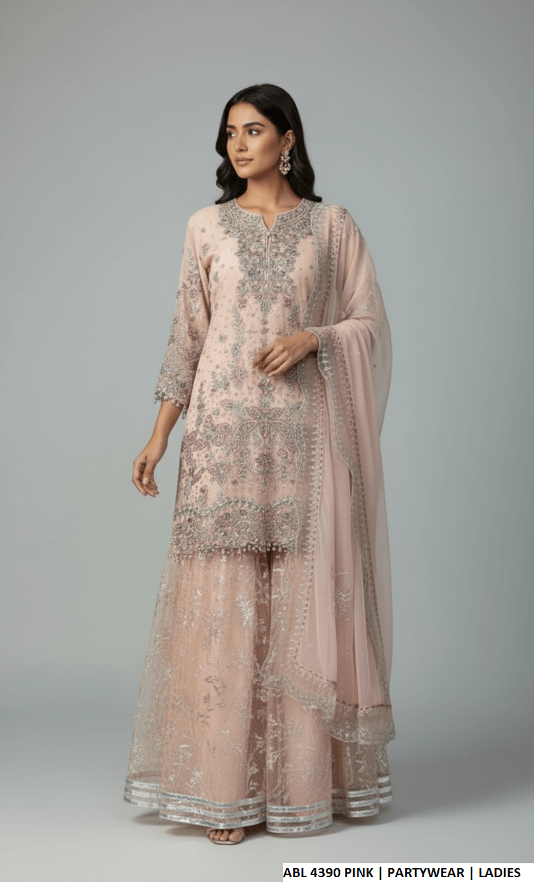 Organza A-Line shirt pink - Pakistani women's elegant formal wear with viscose trouser and organza dupatta front view