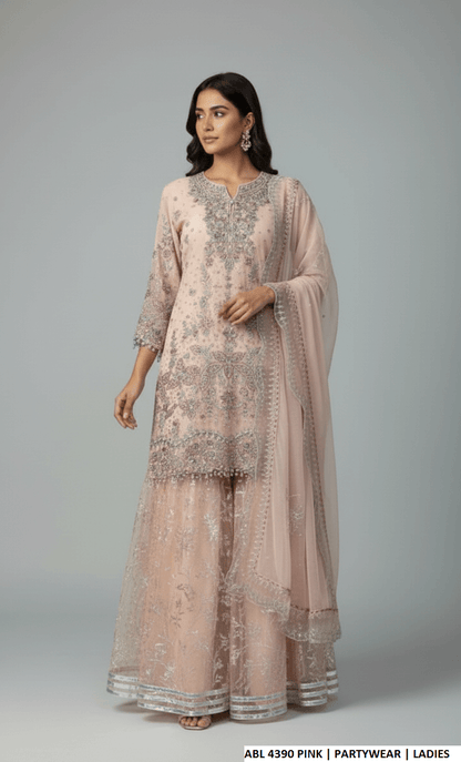 Organza A-Line shirt pink - Pakistani women's elegant formal wear with viscose trouser and organza dupatta front view