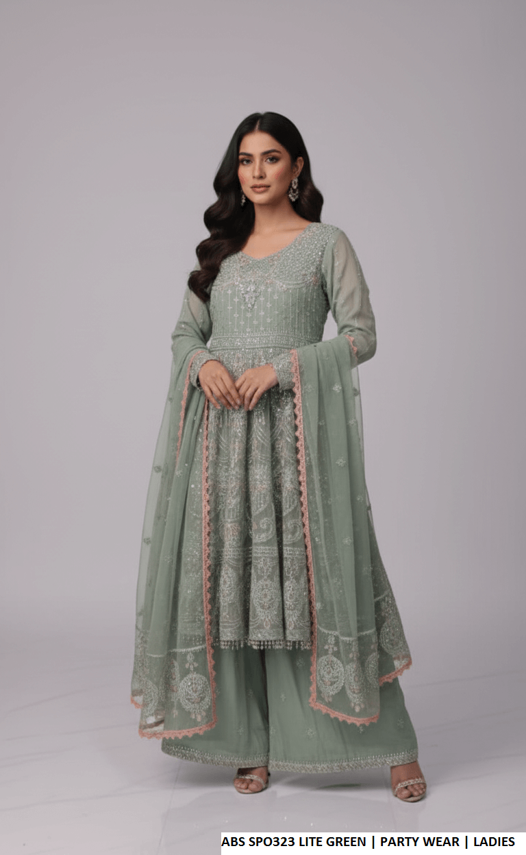 Light green chiffon Pakistani women's straight shirt with plazo side view