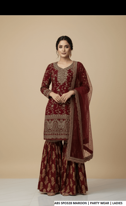 Pakistani women's maroon chiffon straight shirt plazo detail view