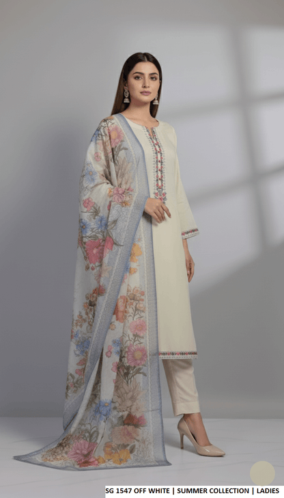 Pakistani women's off white lawn A-Line casual shirt detail view