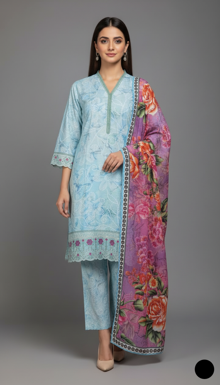 Lawn A-Line printed shirt - Pakistani women's casual summer outfit with cotton trouser front view