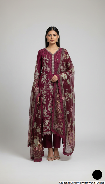 Chiffon straight shirt maroon - Pakistani women's elegant formal wear with viscose trouser and chiffon dupatta front view