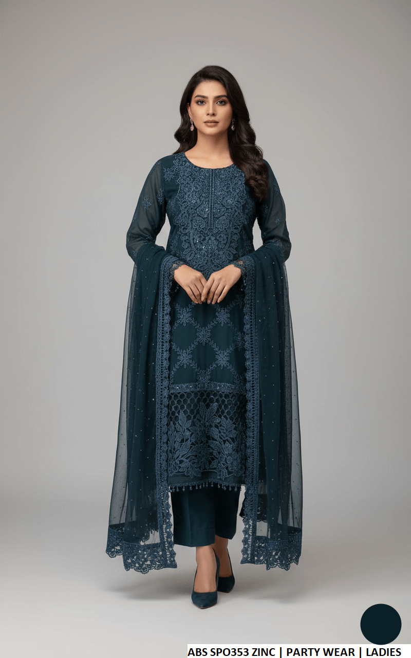 Chiffon straight shirt zinc grey - Pakistani women's formal party wear with grip trouser and chiffon dupatta front view