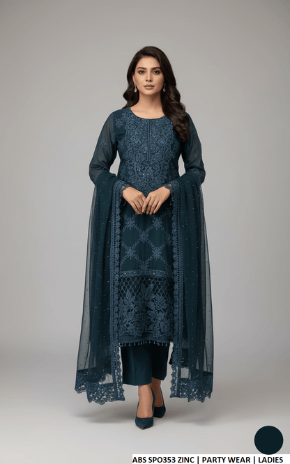 Chiffon straight shirt zinc grey - Pakistani women's formal party wear with grip trouser and chiffon dupatta front view