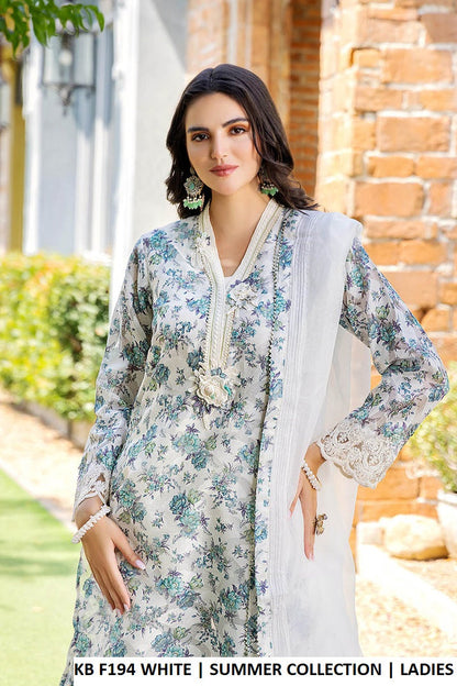 KB F194 WHITE - White Brochette Straight 3-Piece Women's Pakistani Suit