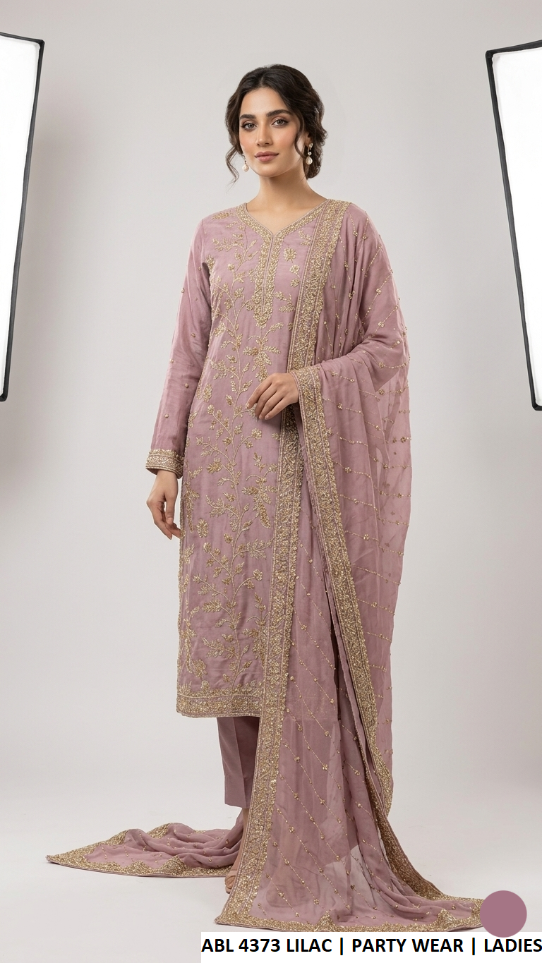 Silk straight shirt lilac - Pakistani women's elegant formal wear with silk trouser and chiffon dupatta front view