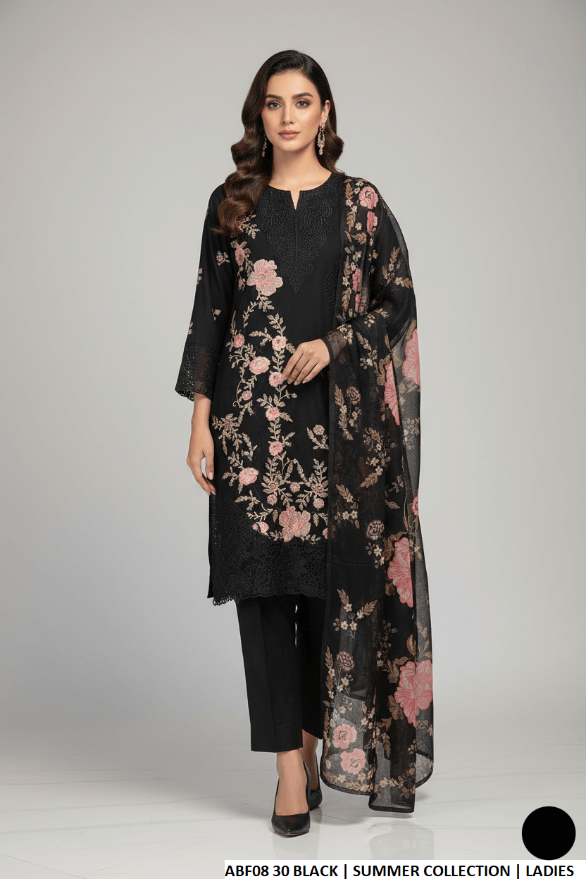Cotton straight shirt black - Pakistani women's casual everyday outfit with digital print dupatta front view