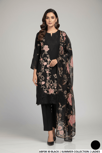 Cotton straight shirt black - Pakistani women's casual everyday outfit with digital print dupatta front view