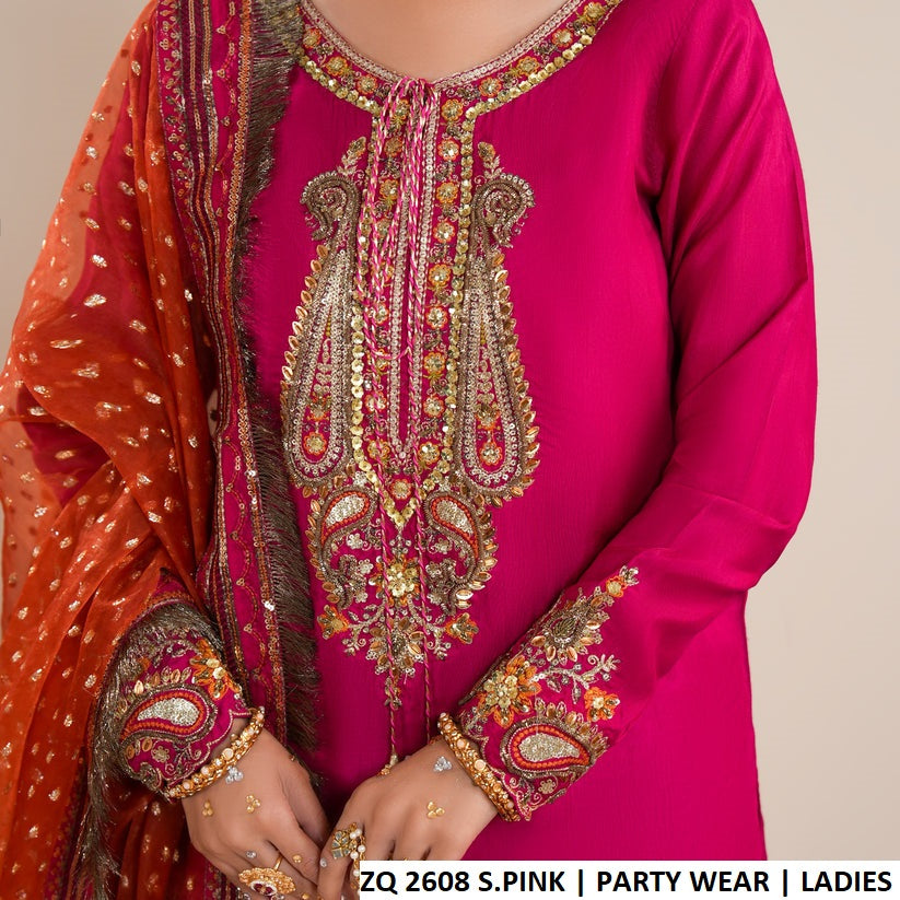 ZQ 2608 SHOCKING PINK - Shocking Pink Raw Silk 3-Piece Women's Pakistani Suit