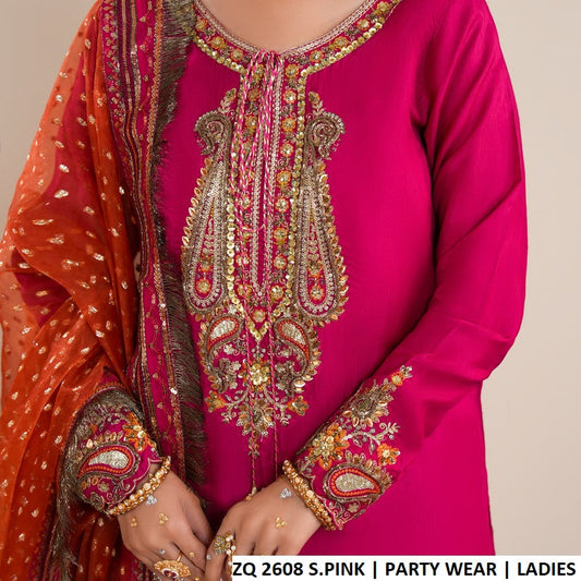 ZQ 2608 SHOCKING PINK - Shocking Pink Raw Silk 3-Piece Women's Pakistani Suit
