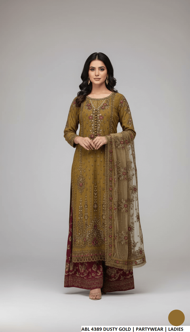 Chiffon shirt plazo dusty gold - Pakistani women's elegant party wear with viscose plazo and organza dupatta front view