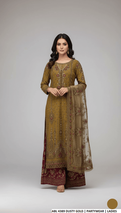 Chiffon shirt plazo dusty gold - Pakistani women's elegant party wear with viscose plazo and organza dupatta front view