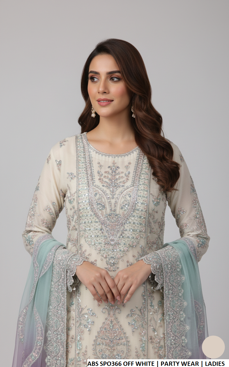 Chiffon straight shirt plazo off white - Pakistani women's formal party wear with grip plazo and organza dupatta front view
